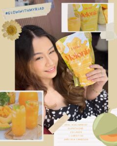 Pretty Filipina holding Myriad Melonia Juice Drink