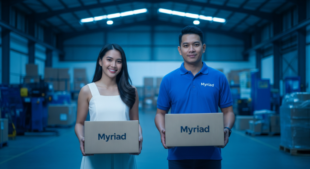 2 Myriad Employees in a Warehouse wearing Blue handling Boxes