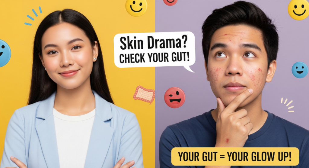 Illustration of gut-skin axis and its effect on acne and skin clarity