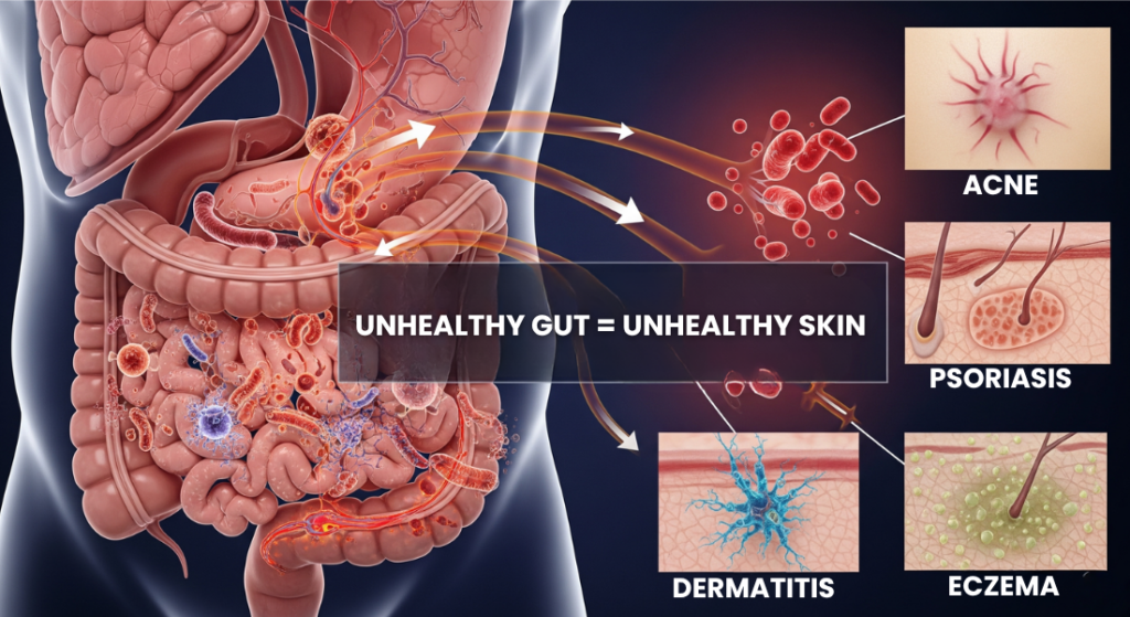gut imbalance and skin connection illustration