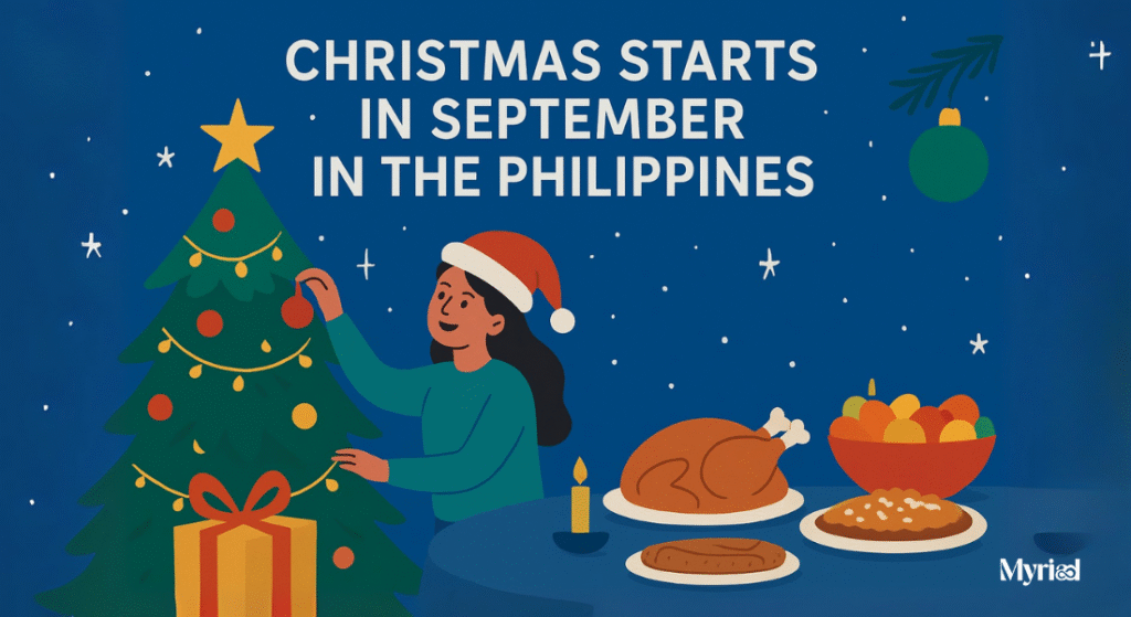 Cartoon Style Image of Christmas depicting a woman in Santa Hat, Filipino Food and A Christmas Tree