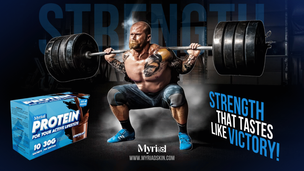BODY BUILDER WITH MYRIAD PROTEIN AD